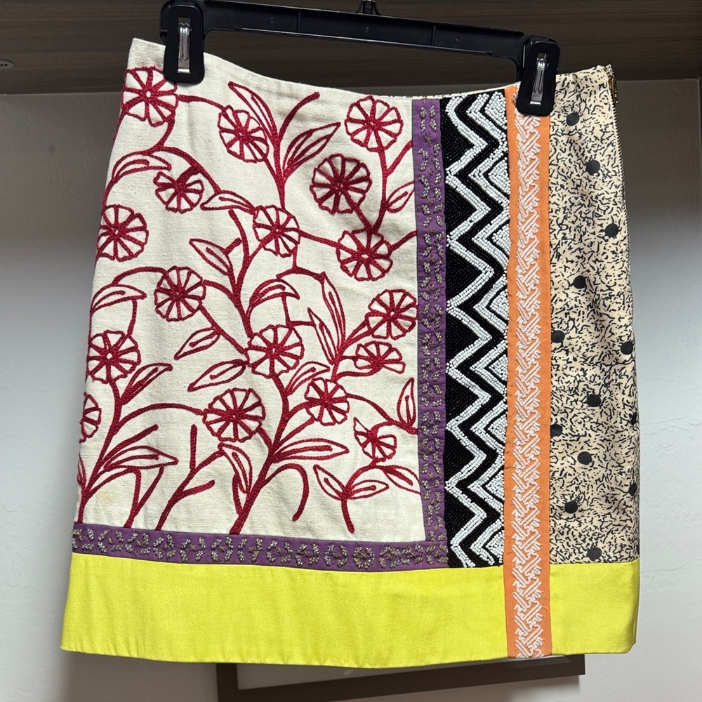 Vibrant Patchwork Mini Skirt with Red Floral Design